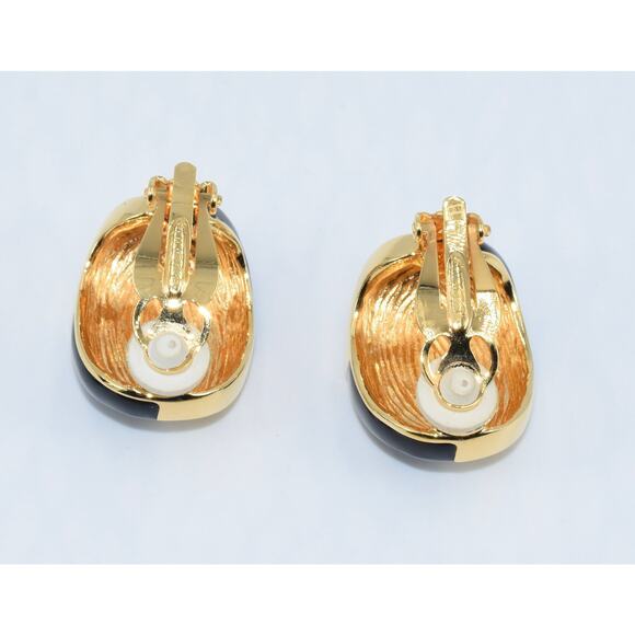 St. John Designer Black & Gold Enamel Clip Earrings - Picture 7 of 7